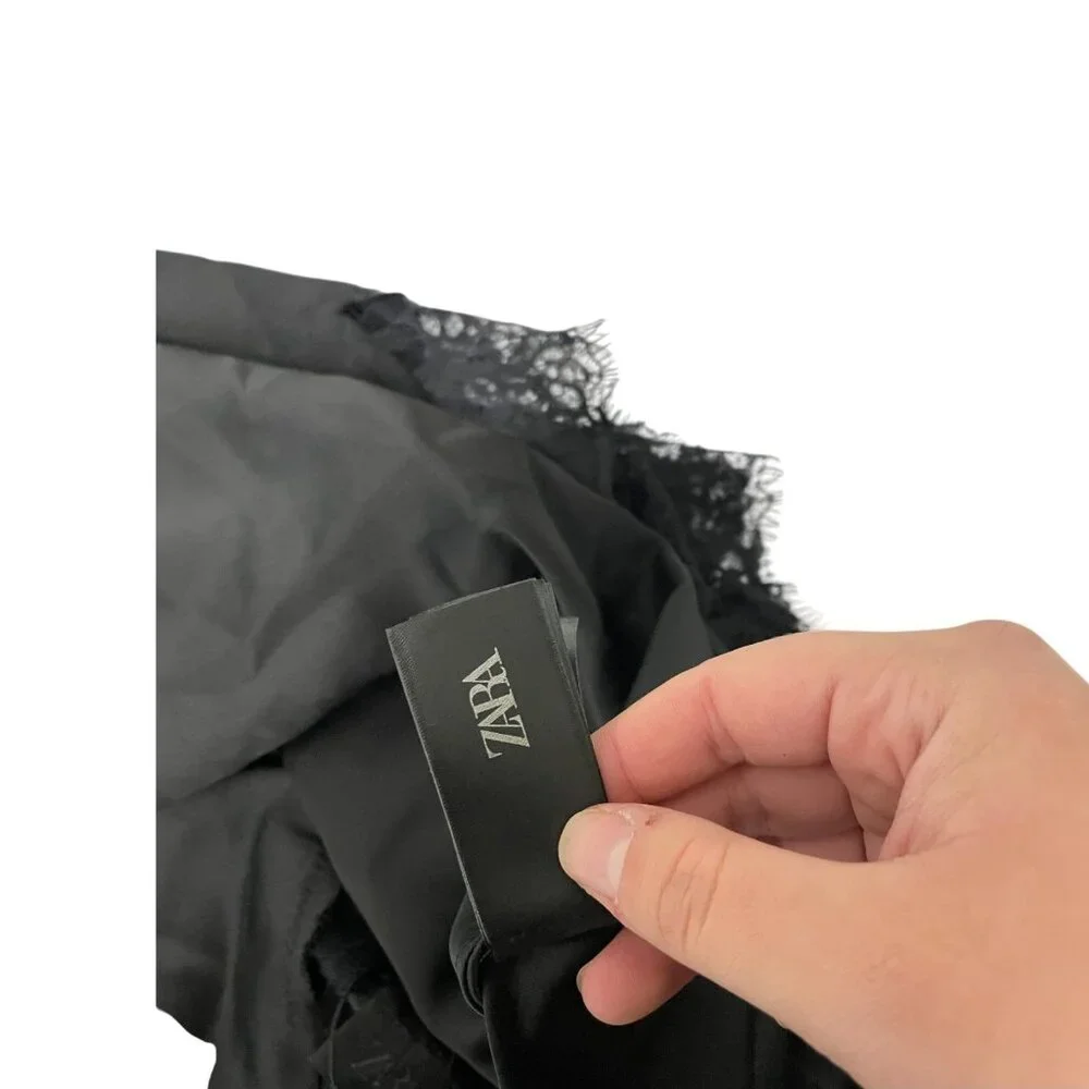 Zara Womens Slip Dress S Black Satin Asymmetric Floral Trim Lace 5919/200 NWOT - Picture 11 of 13